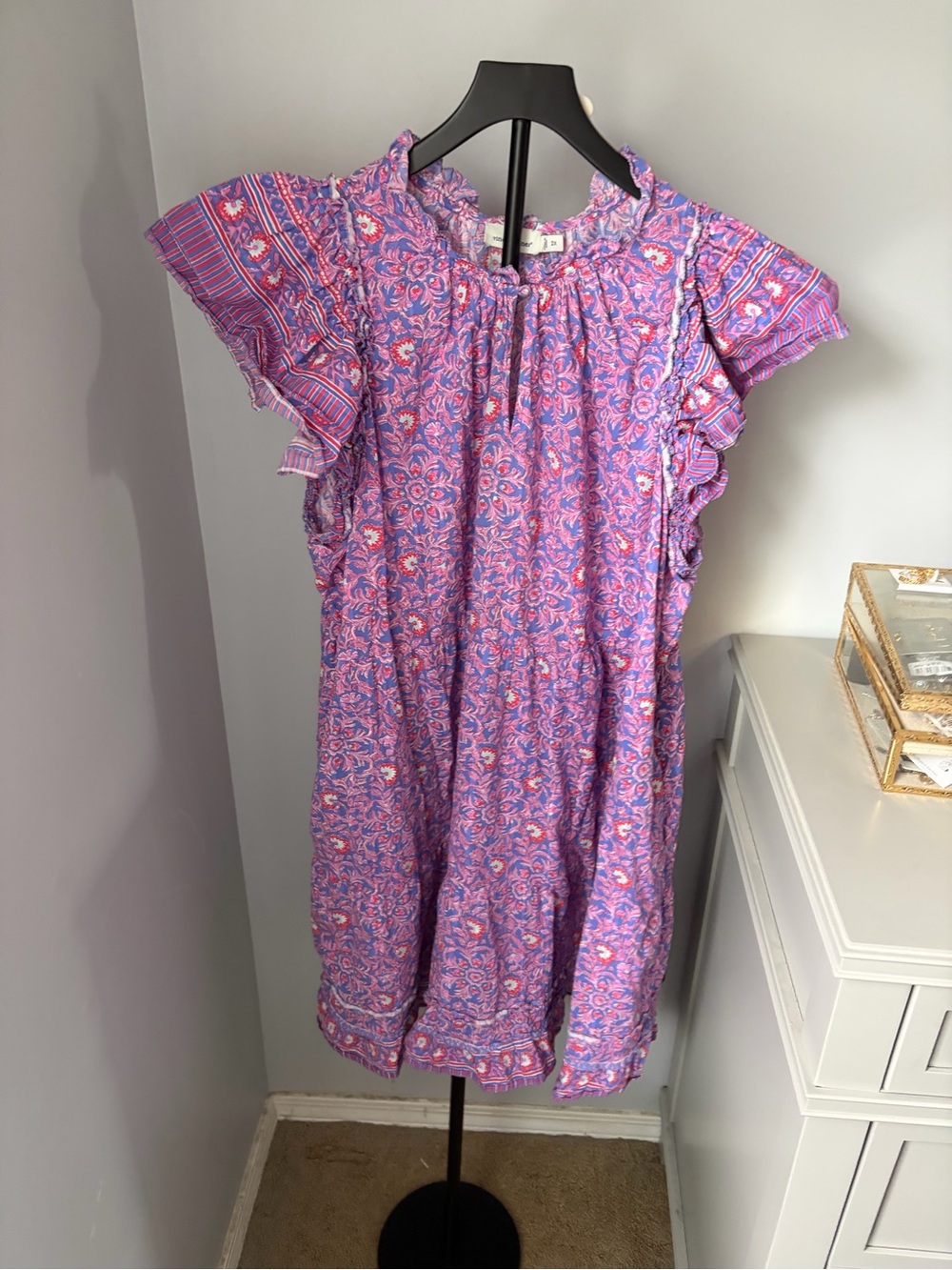 Vineyard Vines 2X Pink Blue Floral Flutter Sleeve Ruffle Dress Resort Summer